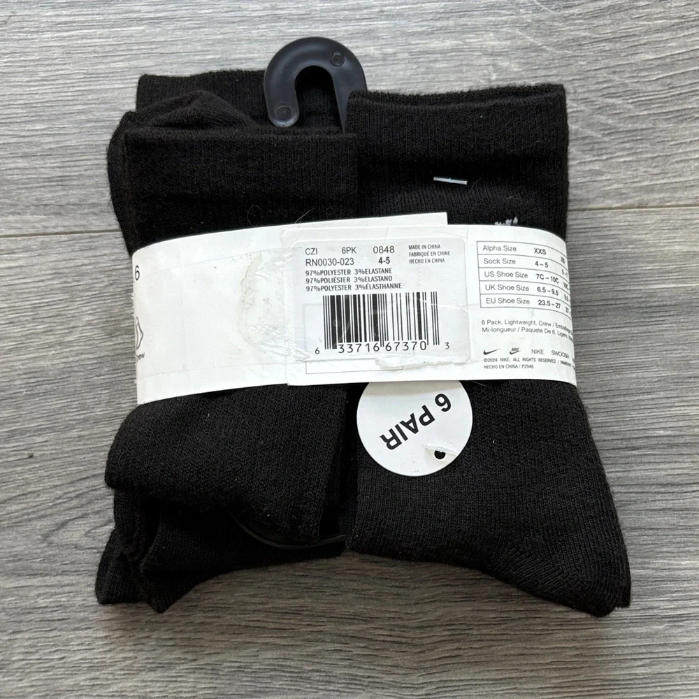 NWT Nike Kids Black Lightweight Crew Socks 6-Pack Shoe Size 7C-10C
